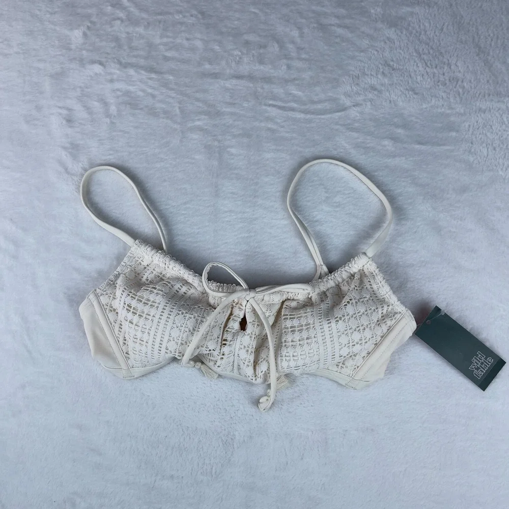 Wild Fable Bralette Bikini Top Women's M‎ Cream Removable Cups Crochet Tie-Front
